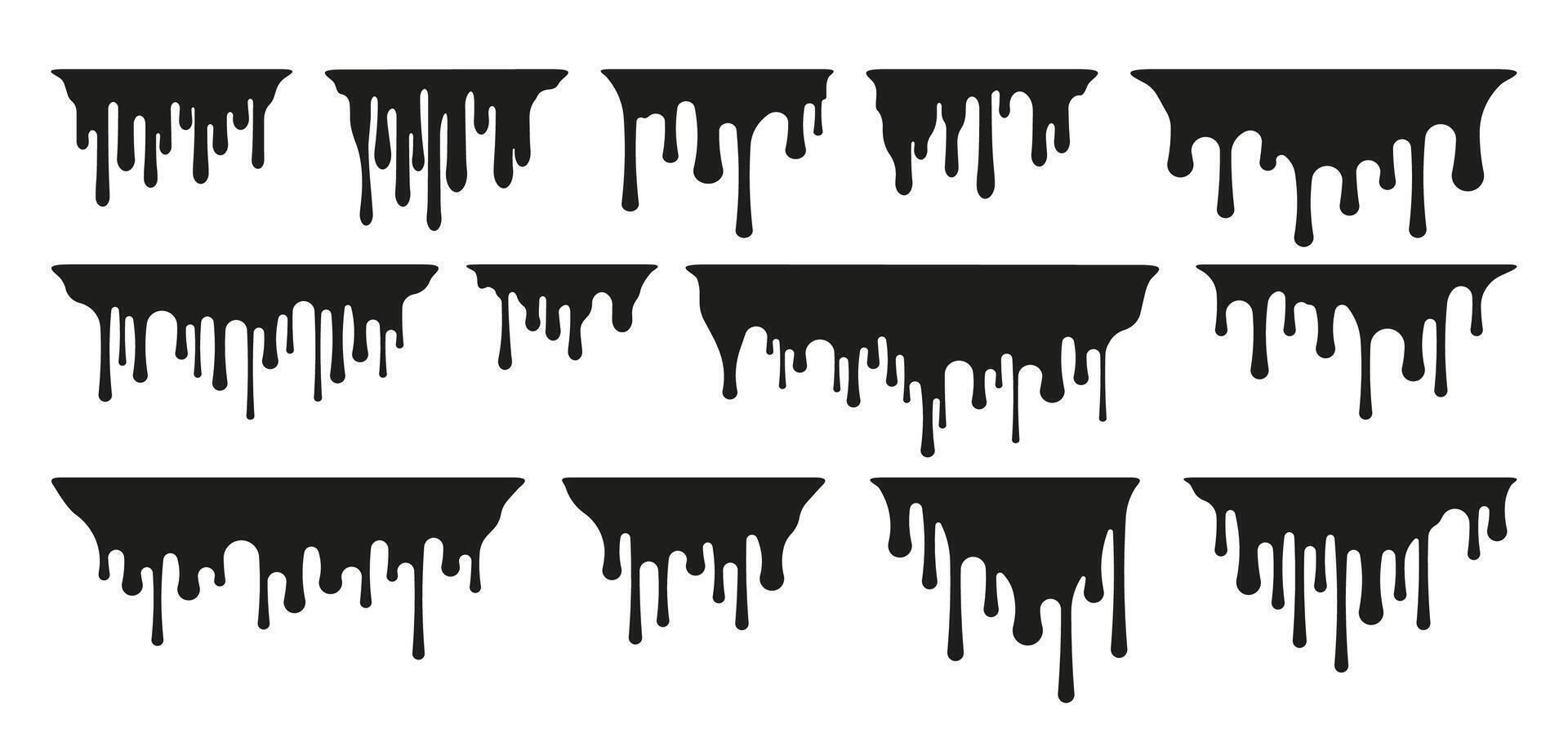 Dripping oil stain. Cartoon sweet syrup splatter on paper, dripping chocolate and caramel silhouettes, dribble liquid paint on paper. Vector isolated set