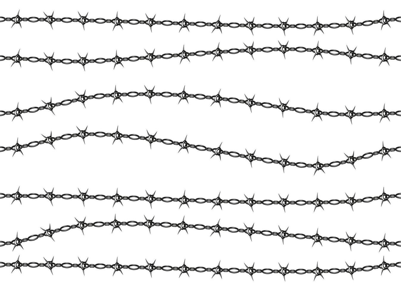Barbed wire fence pattern. Seamless security border spike silhouette, army military protection frame and line design. Vector set