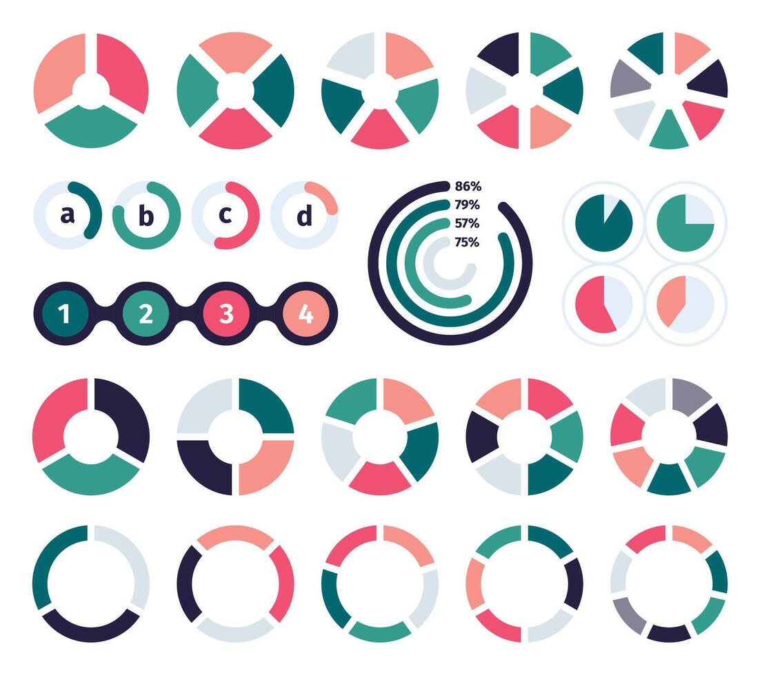 tarta gráfico colocar. circulo rebanadas para diferente por ciento, redondo pasteles para 2, 3, 4 4 y 6 6 secciones, tarta cartas para Estadísticas y información presentación. vector colección