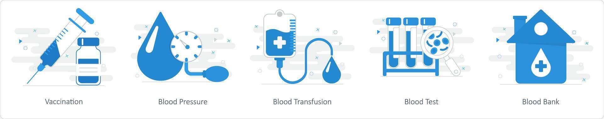 A set of 5 Mix icons as vaccination, blood pressure, blood transfusion vector