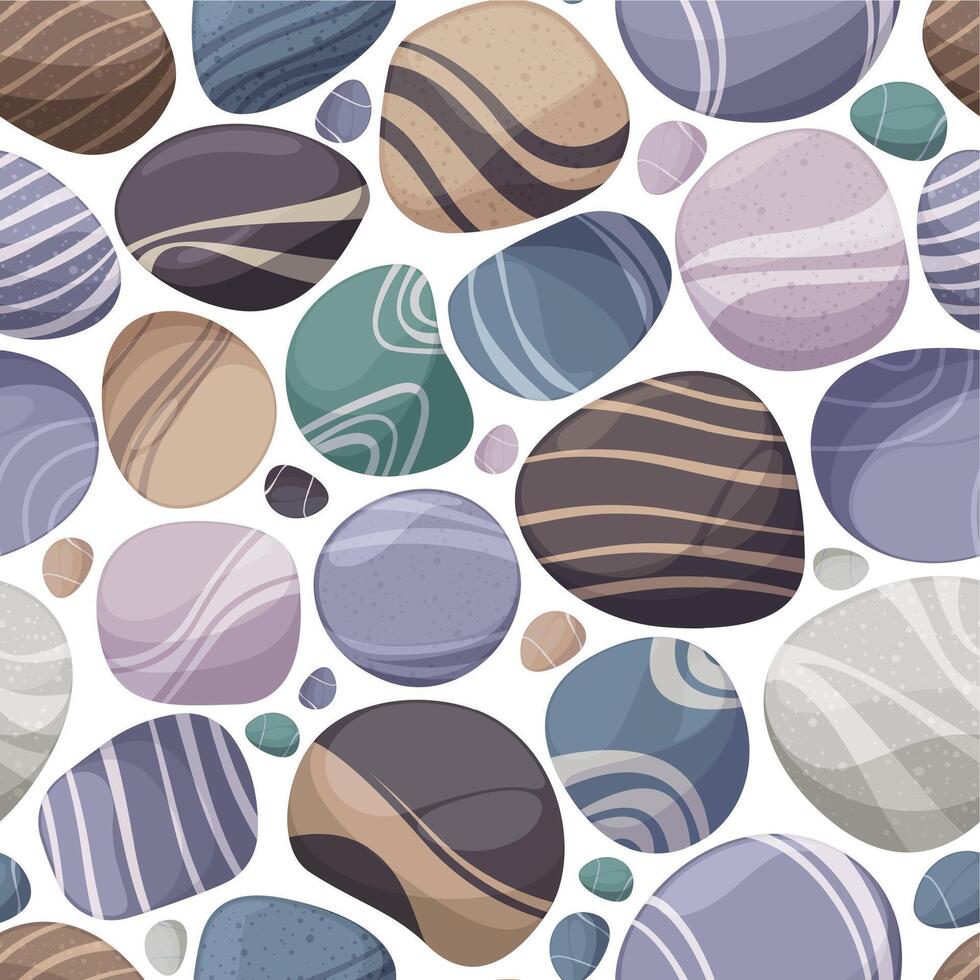 Sea pebble pattern. Flat and smooth rounded stones repeating background, ocean and beach themed design element, under the sea decoration element. Vector texture