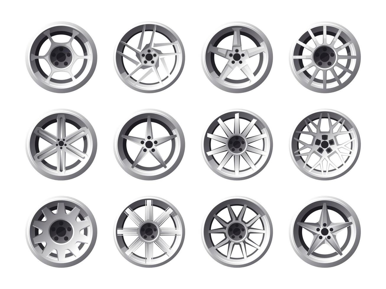 rueda llantas coche y camión ruedas, motor vehículo y auto partes, elenco, acero, ligero aleación y aluminio ruedas plano transporte partes. vector conjunto