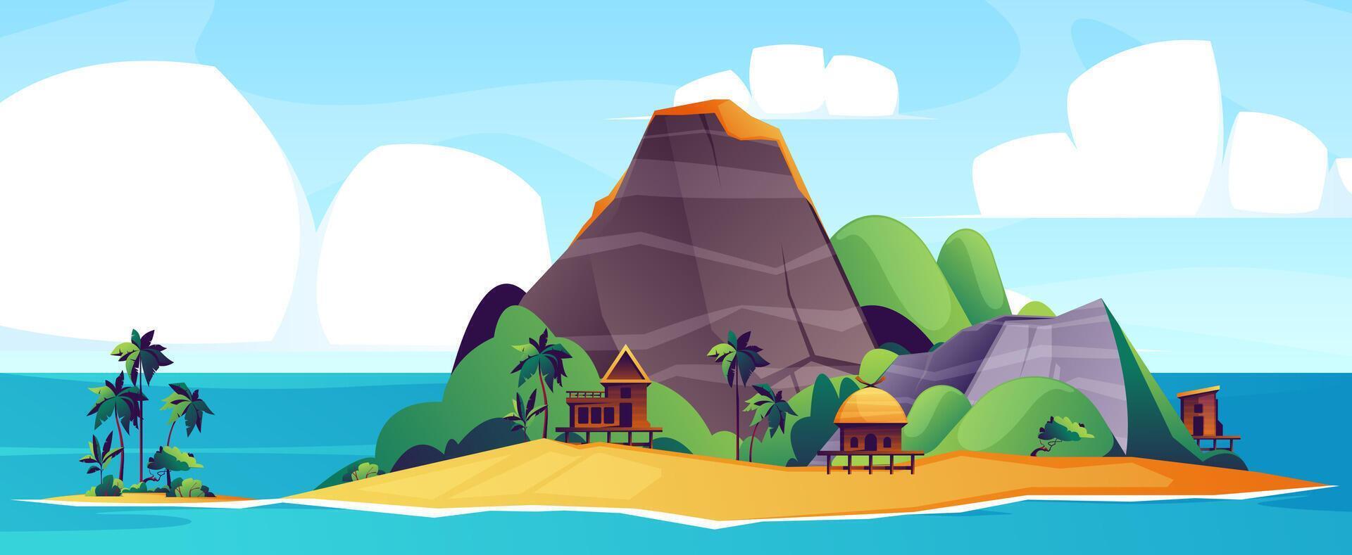 Tropical island background. Sea beach landscape with sand mountain palm trees, coastline panorama cartoon style, summer vacation concept. Vector illustration