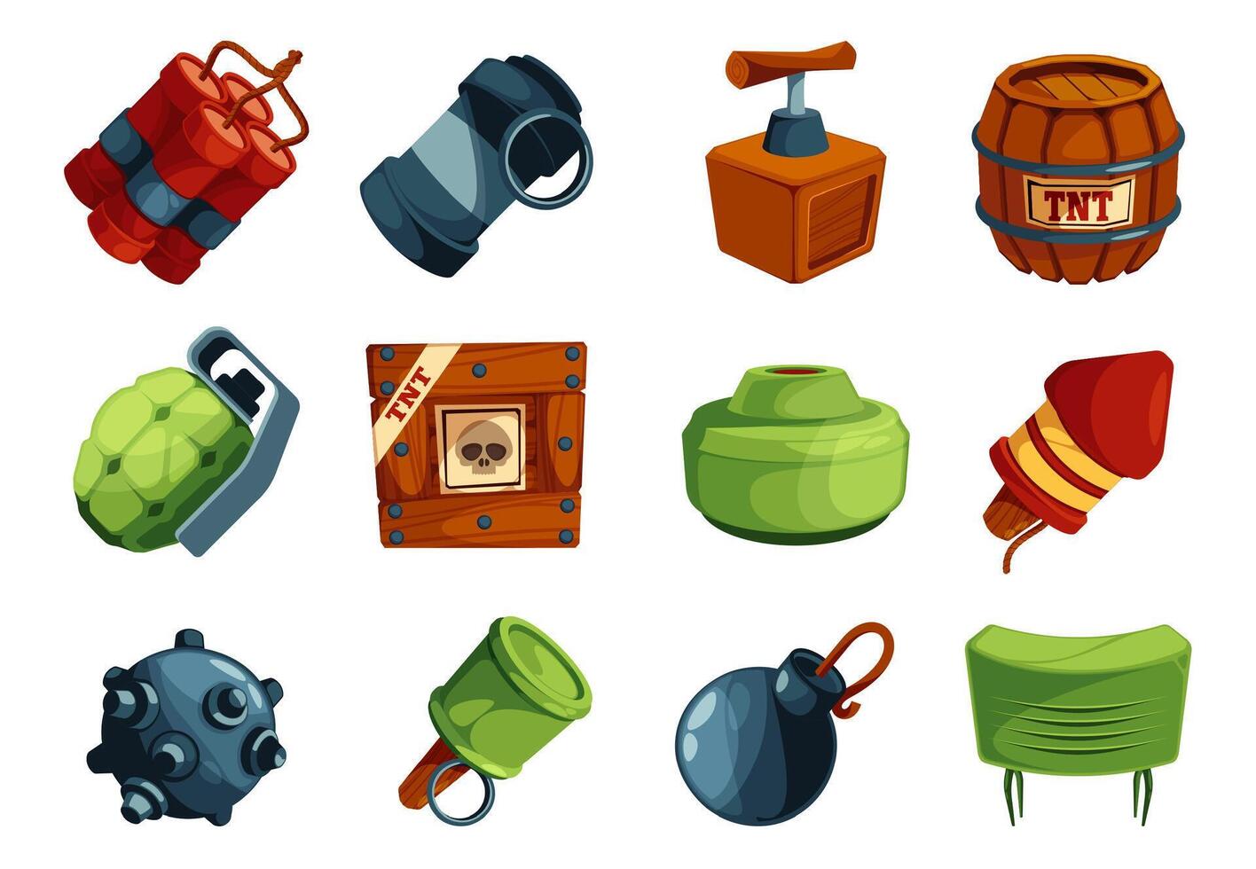 Bombs game ui icons. Cartoon dynamite, grenade, tnt and firecracker icons, explosive weapons for mobile app interface design. Vector isolated set