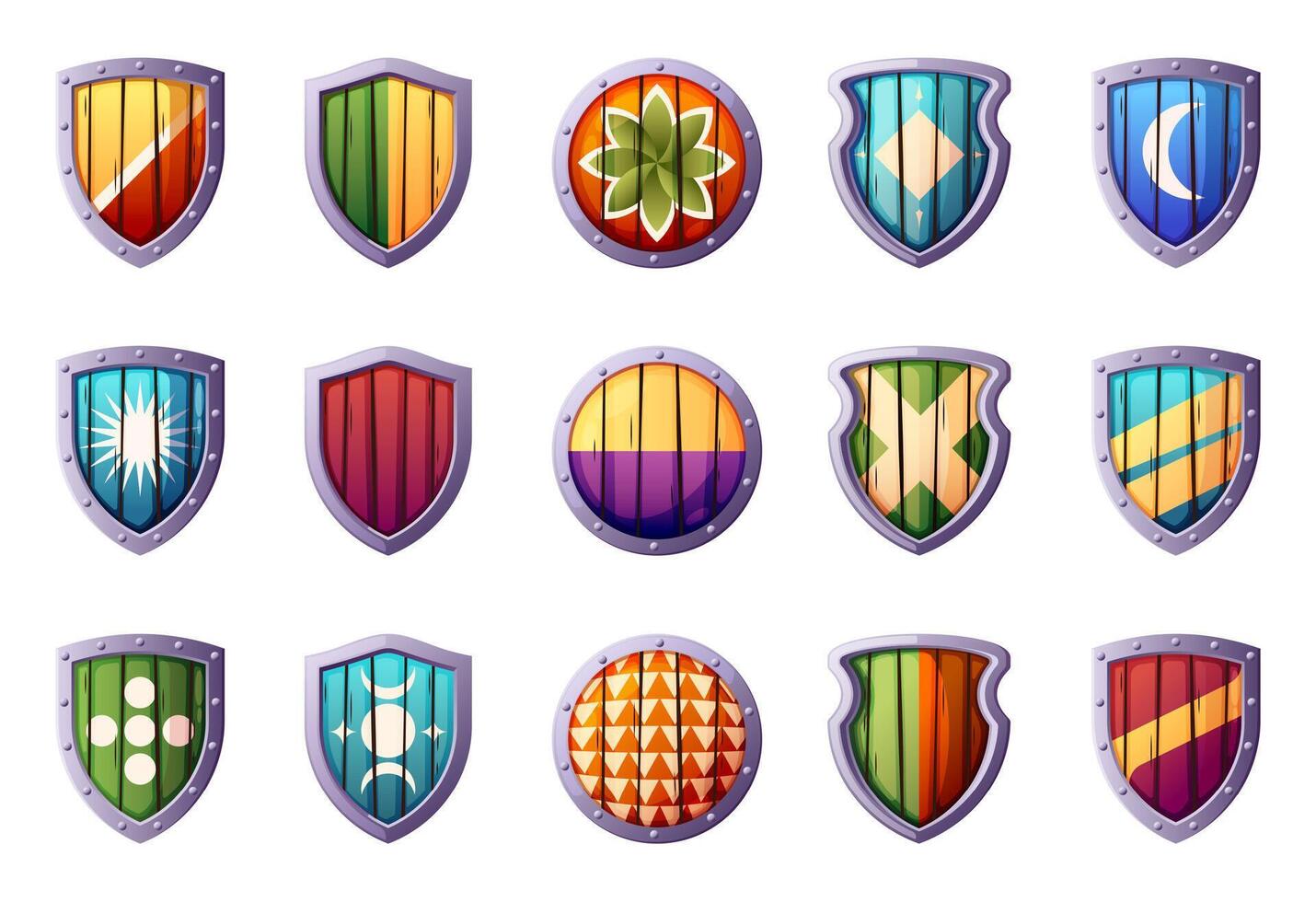 Cartoon wooden shields. Medieval knight defence armor, military protection weapon with security heraldic designs. Vector isolated set