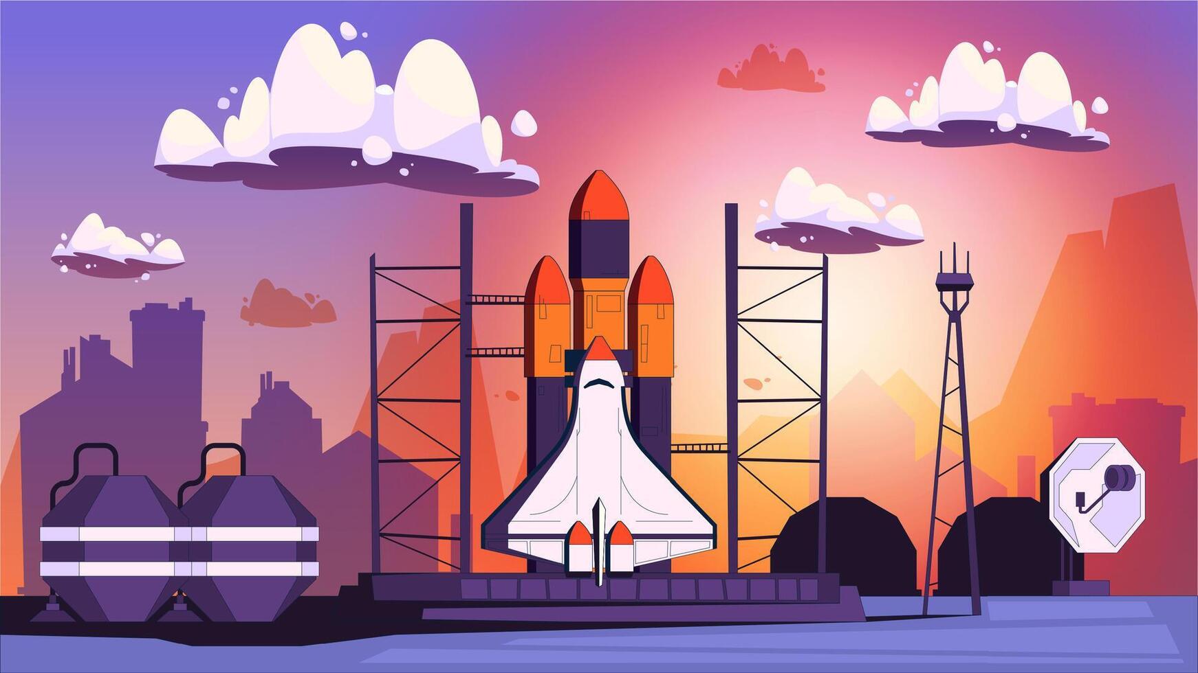 Space rocket launch composition. Cartoon space shuttle with crew and cargo rocket, space exploration concept background. Vector illustration