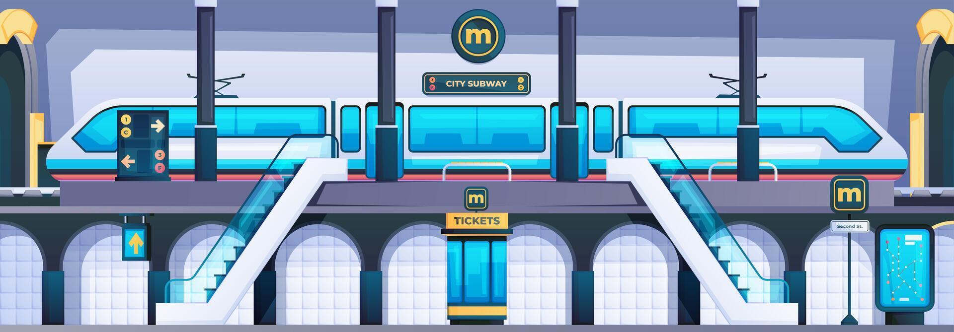 Subway station scene. City metro public passenger terminal, railway underground building with platform for departure and arrival of trains. Vector illustration