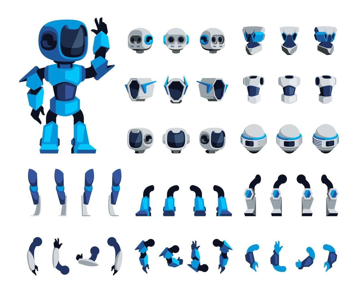 Cartoon robot animation kit. Cibernetica robot pose for frame sequence, electric machine parts and constructors, robot poses and gestures. Vector isolated set