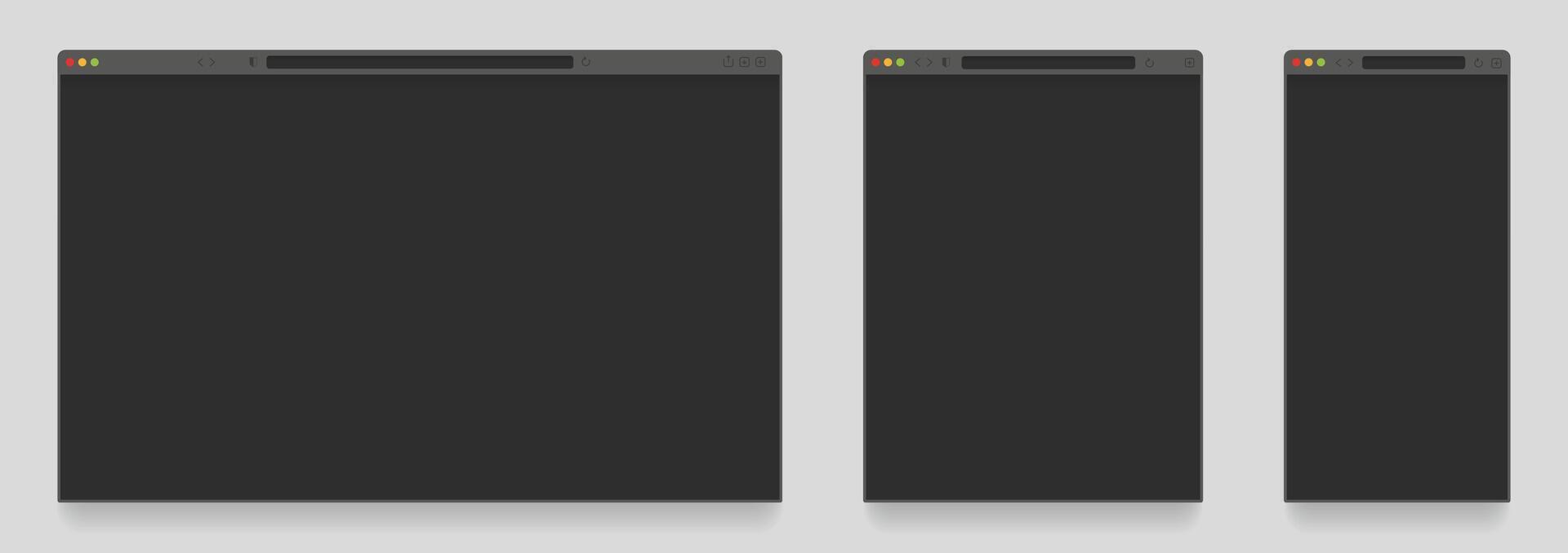 Browser mockup dark theme. Empty tab webpage with search engine, computer, laptop, tablet and mobile dark theme modes. Vector website templates