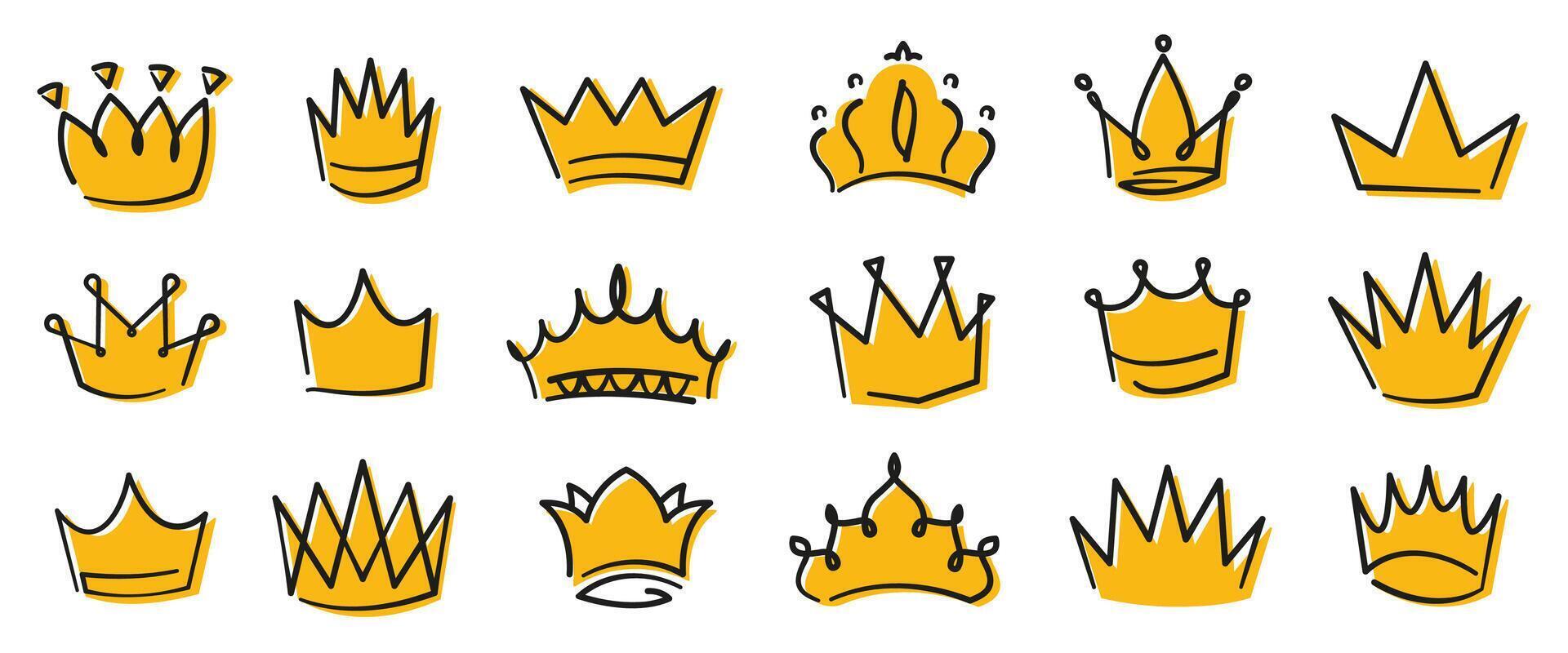 Yellow crown sketch. Medieval royal diadem, graffiti royalty crown and princess tiara. Hand drawn doodle luxury monarch logo vector set