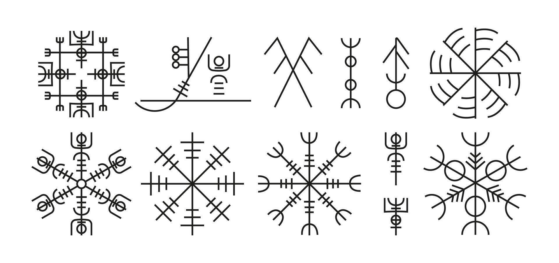 nórdico runa talismán. escandinavo antiguo pagano magia vikingo proteccion símbolos, nórdico futhark amuleto con con guion místico señales. vector aislado conjunto