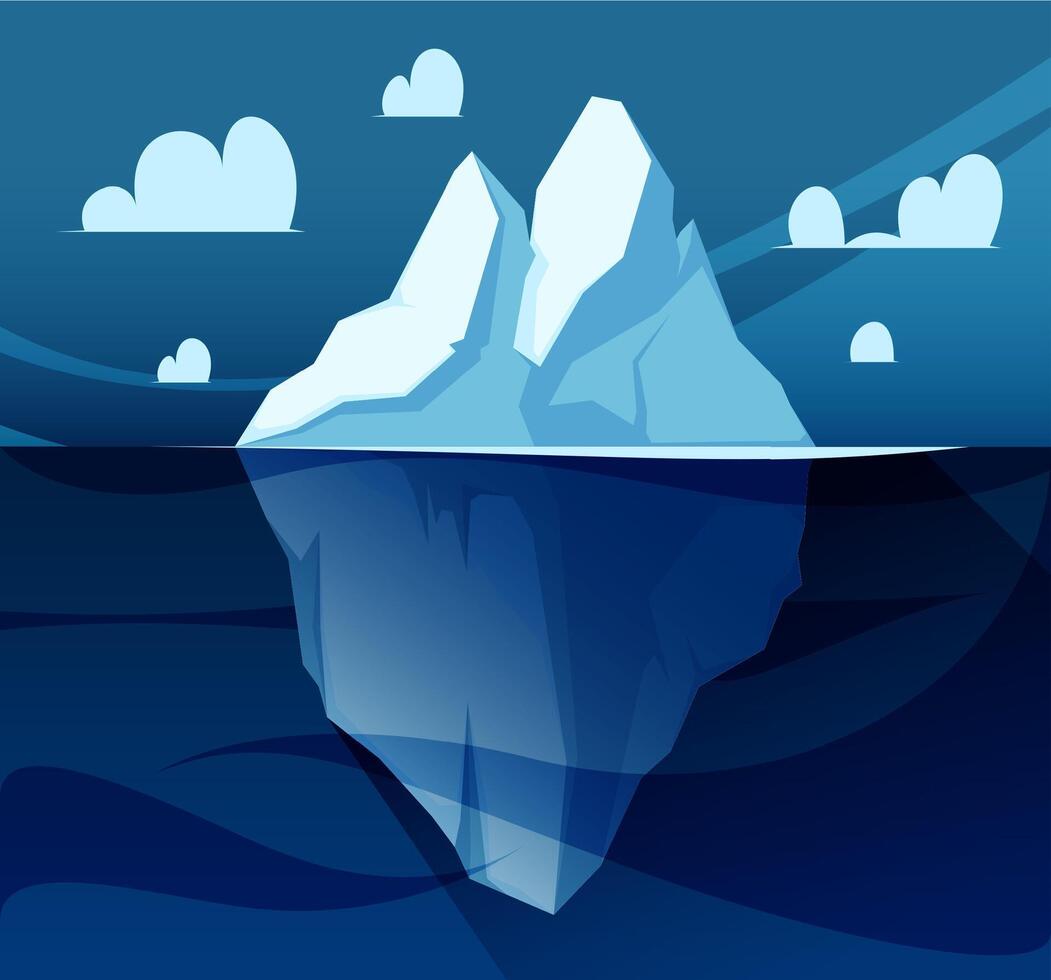 Iceberg background. Winter landscape with floating ice mountain, cartoon sea under the arctic glacier, cold water undersea scene. Vector illustration