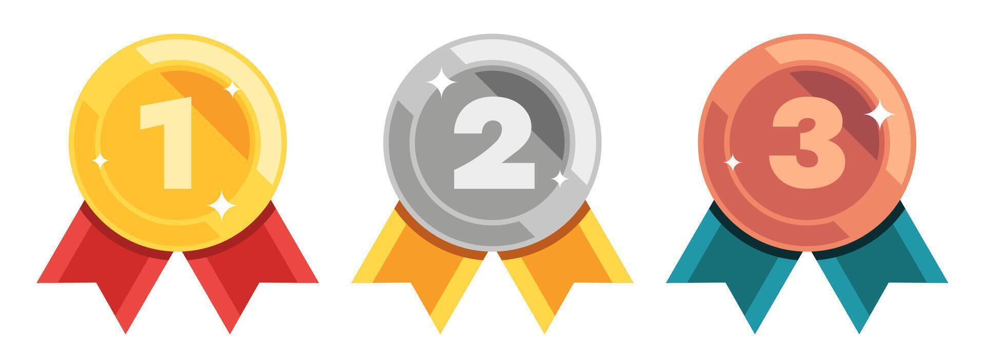 Golden silver bronze award icon. Winner trophy for different places, certificate and ribbon, medal icon for quality certificate. Vector set