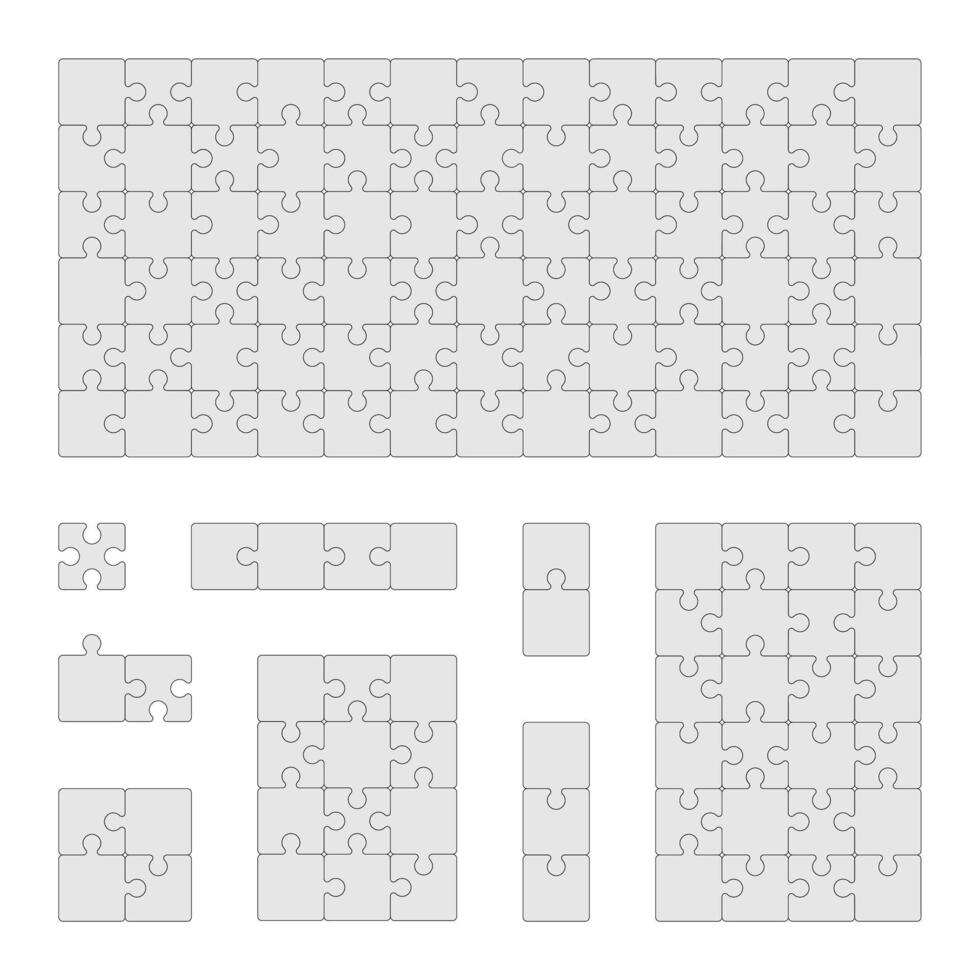 diferente rompecabezas tamaños blanco rompecabezas piezas plantillas para juego diseño, trabajo en equipo juguete con varios elementos pareo juntos. vector conjunto