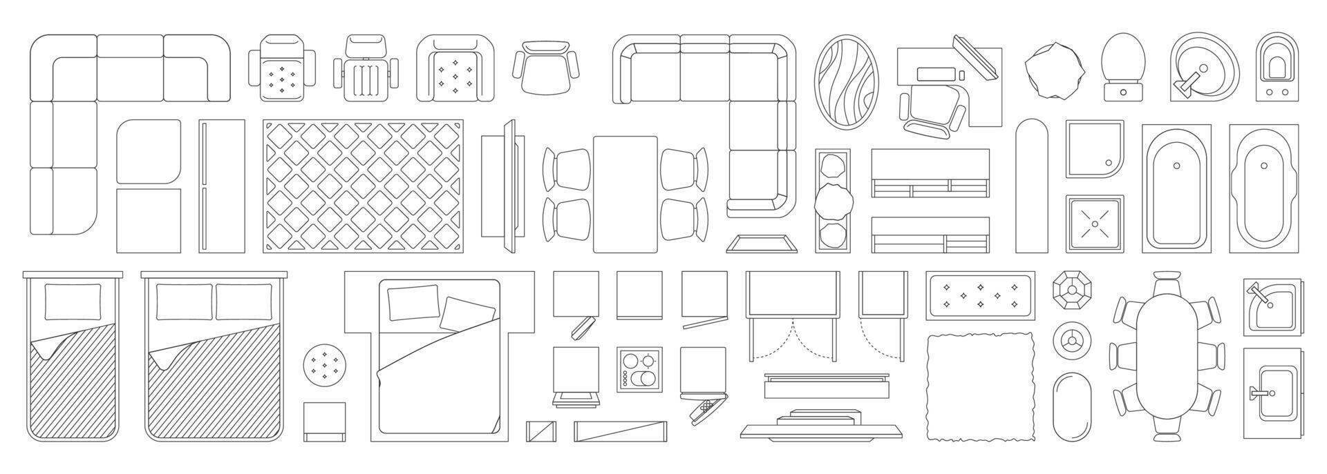 Linear interior top view icons. Office and home room floor plan, overhead view of table and sofa, bed desk chair. Modern flat design icons. Vector set