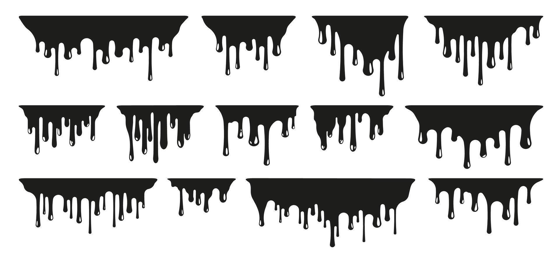 Black melting paint. Dripping splatter and dribble brush strokes with stain and leak, dirty fluid brush icons. Vector isolated set