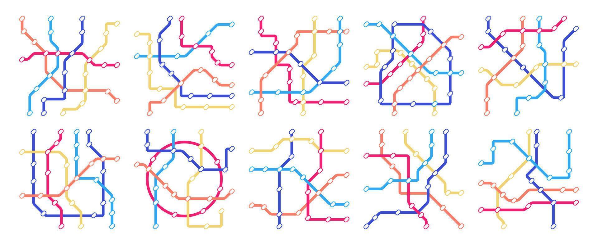 Subway map set. Underground railway metro route connection and direction, mass transport public transport route and station. Vector collection