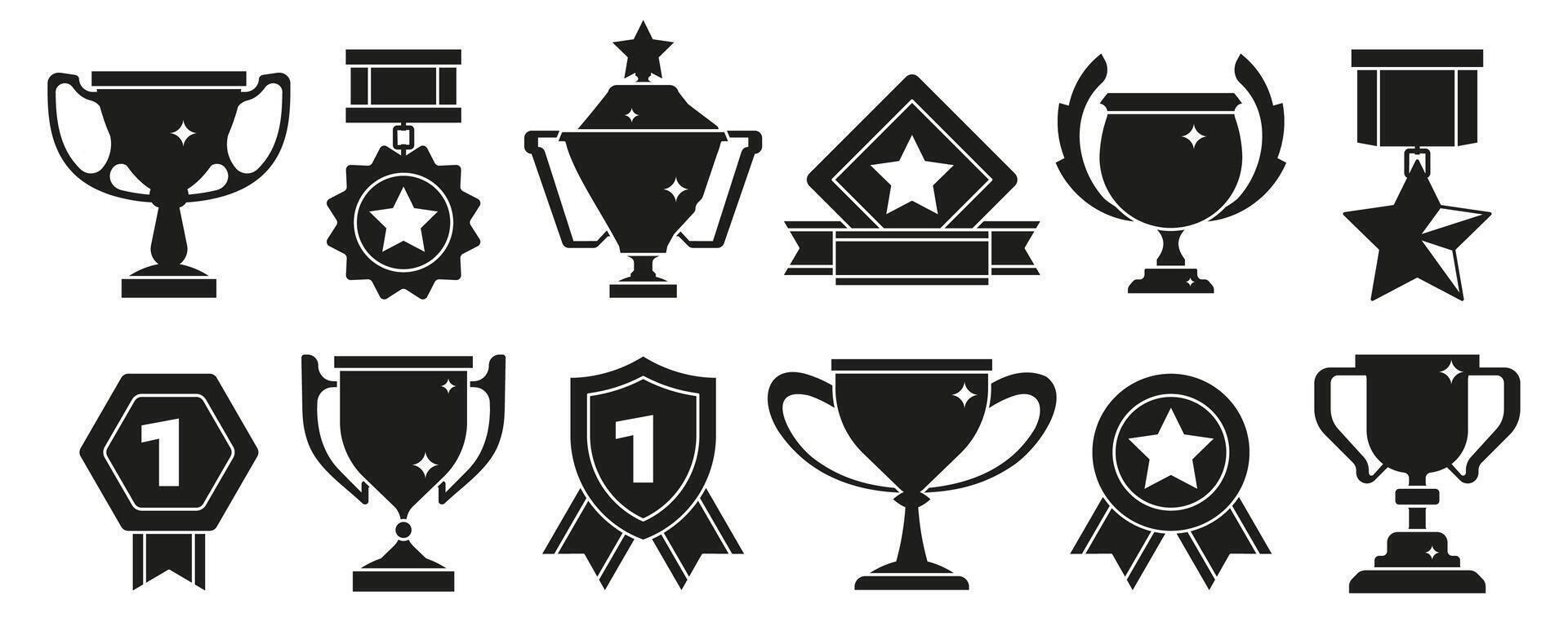 Silver and gold award icons. Winner and achievement medallion silhouettes, competition and recognition badges, merit and gratitude symbols. Vector set