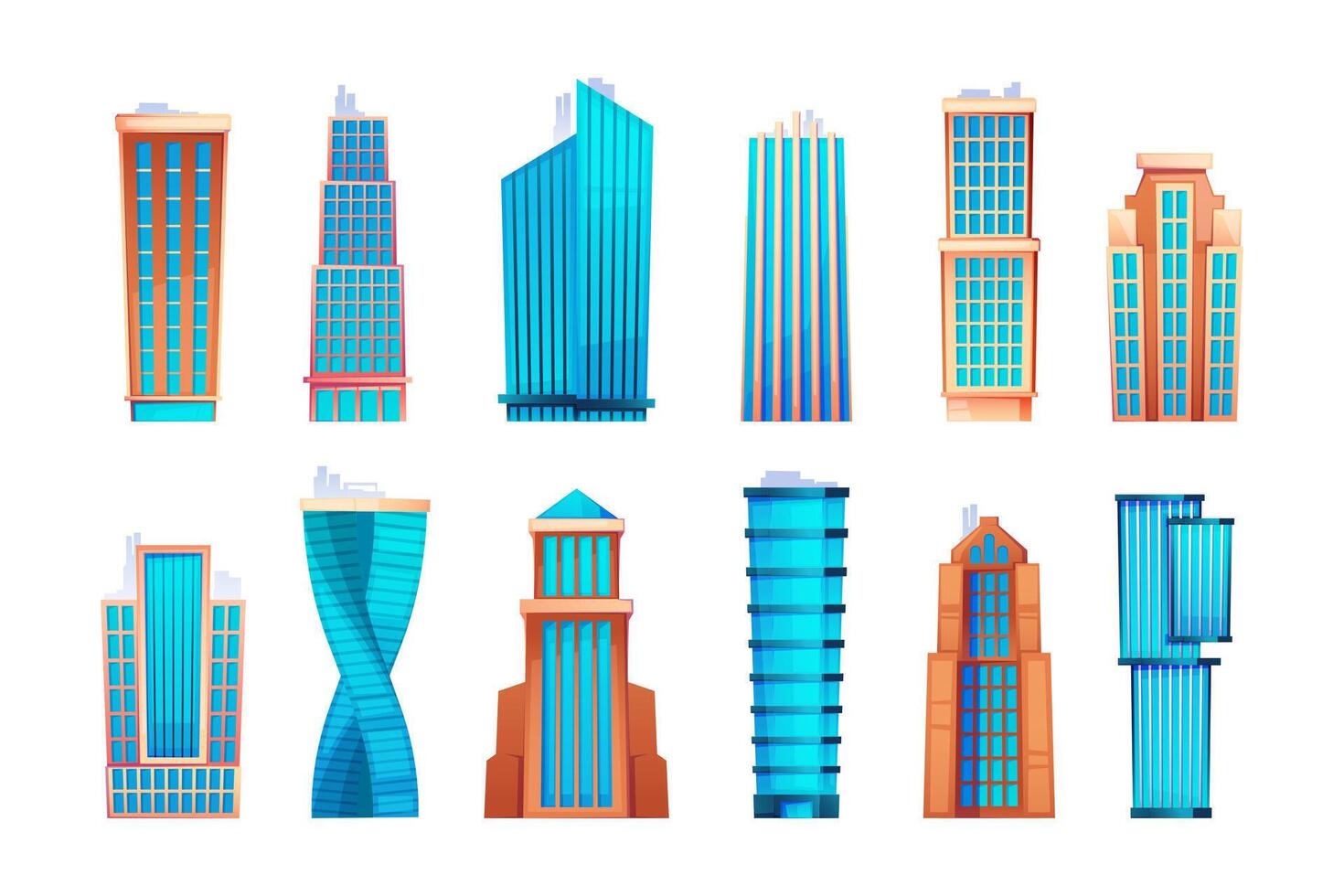 Skyscraper buildings. Cartoon residential block with architecture construction facades, flat city multistorey houses business estate. Vector set