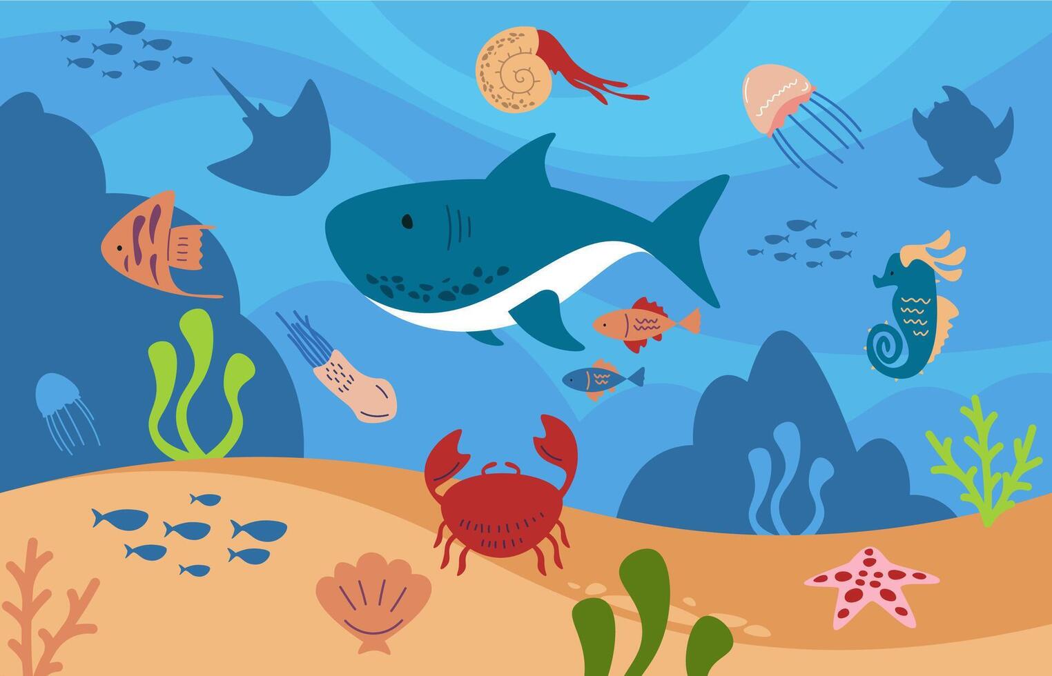 Cartoon underwater landscape with animals. Sea bottom with fish, octopus, jellyfish, crab, algae and seaweed. Vector marine wildlife illustration