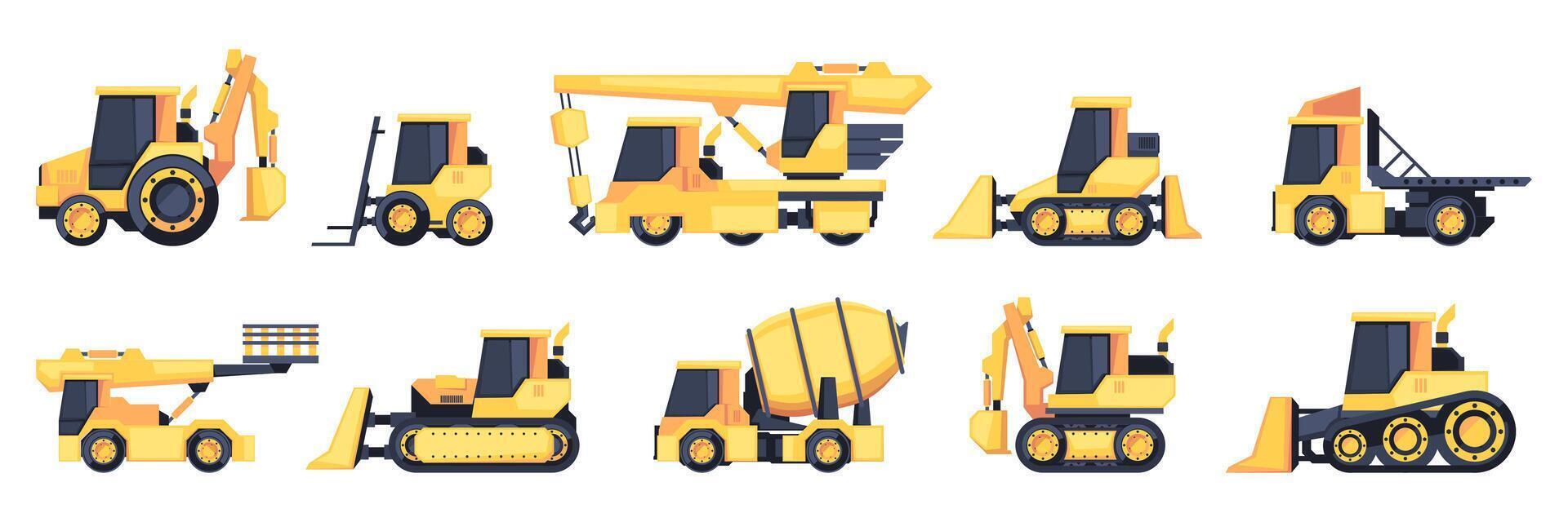 Heavy machinery. Tractor loader excavator car bulldozer, mining and construction equipment for building digger, loading and unloading concept. Vector set