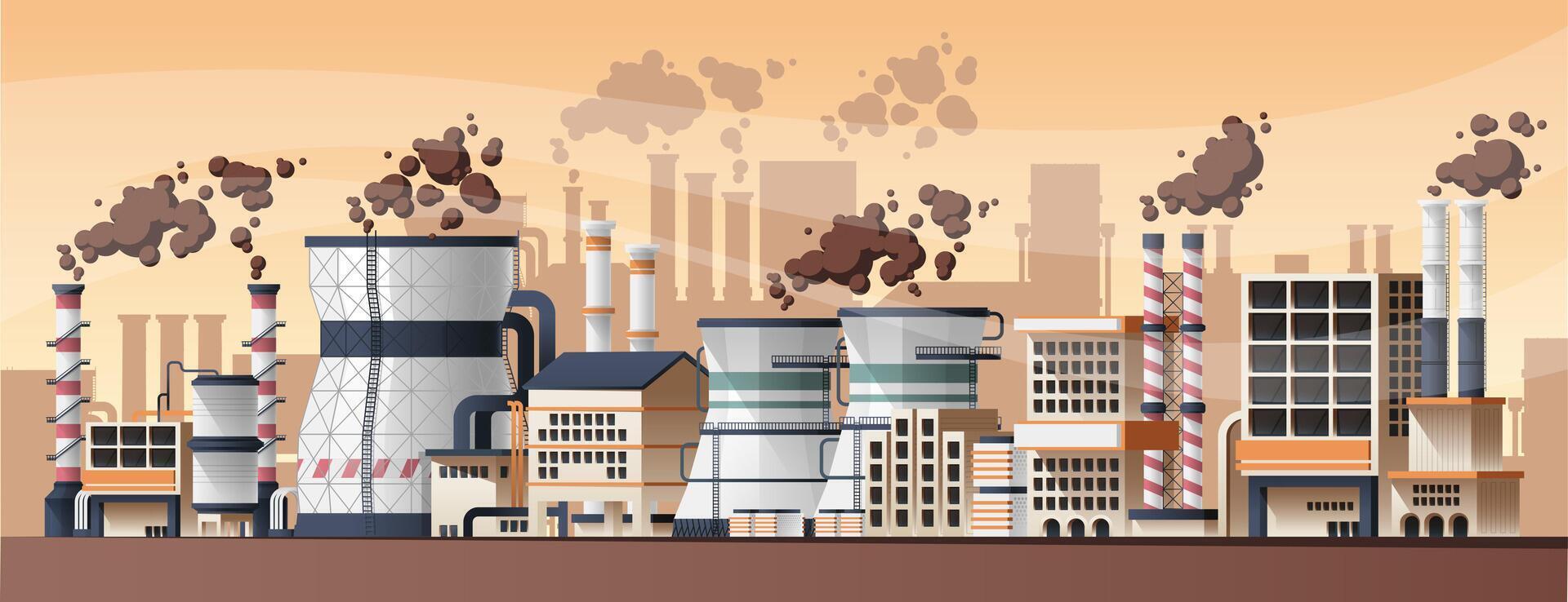 industrial fábrica paisaje. dibujos animados ciudad con poder planta y refinería, pesado industria producción edificio exterior vista. vector panorama