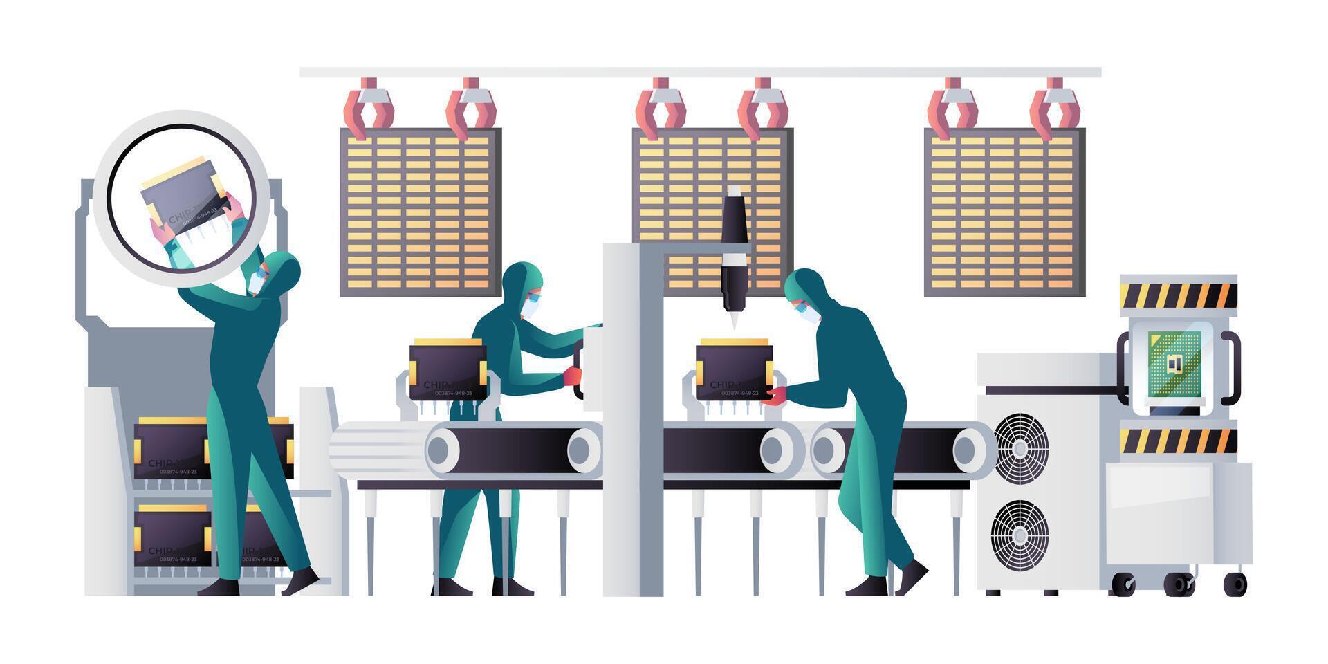 Semiconductor manufacturing process. Circuits boards components production with assembly line and workers, innovation technology concept. Vector illustration