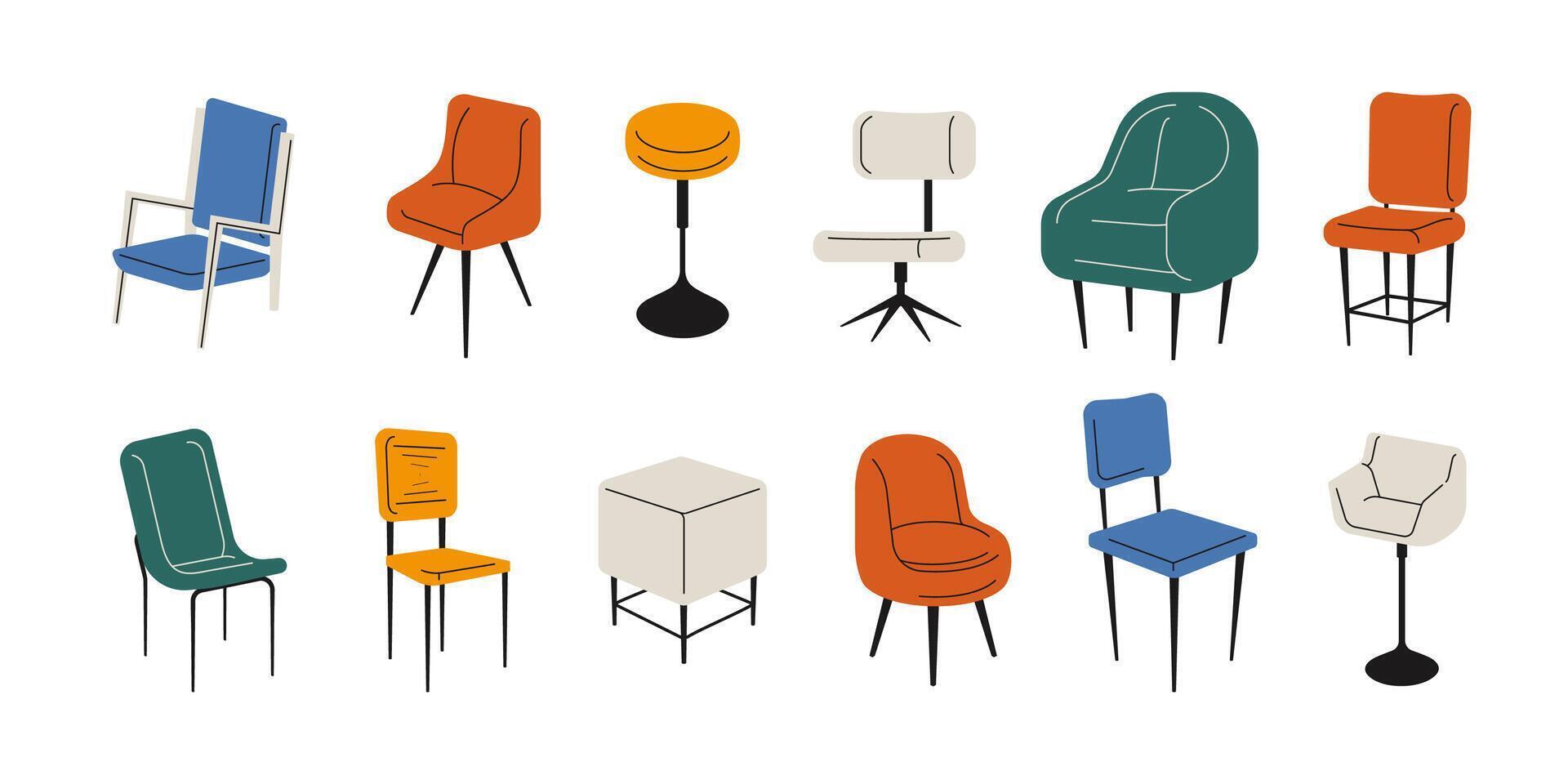 Chairs collection. Modern room interior furniture, cartoon stools different types and shapes, cozy home decor flat style. Vector isolated set
