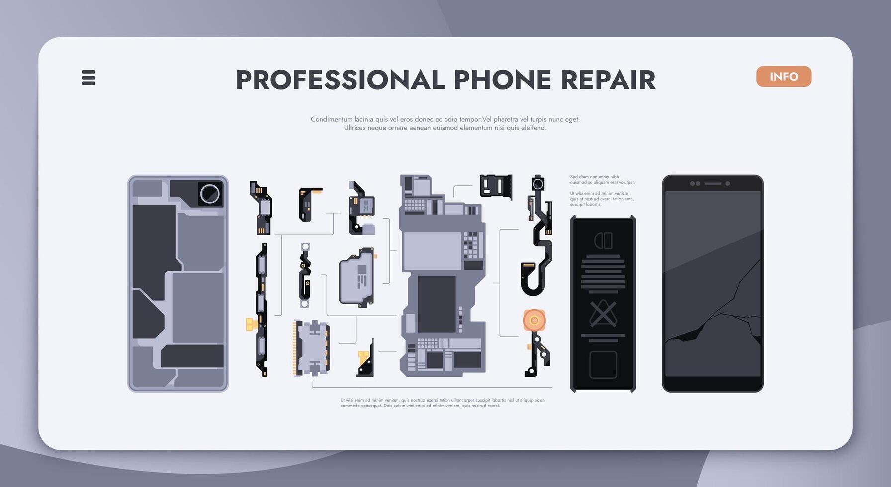 Phone repair landing. Home page template with cracked display and smashed touch screen. Web page with broken cell phone vector concept