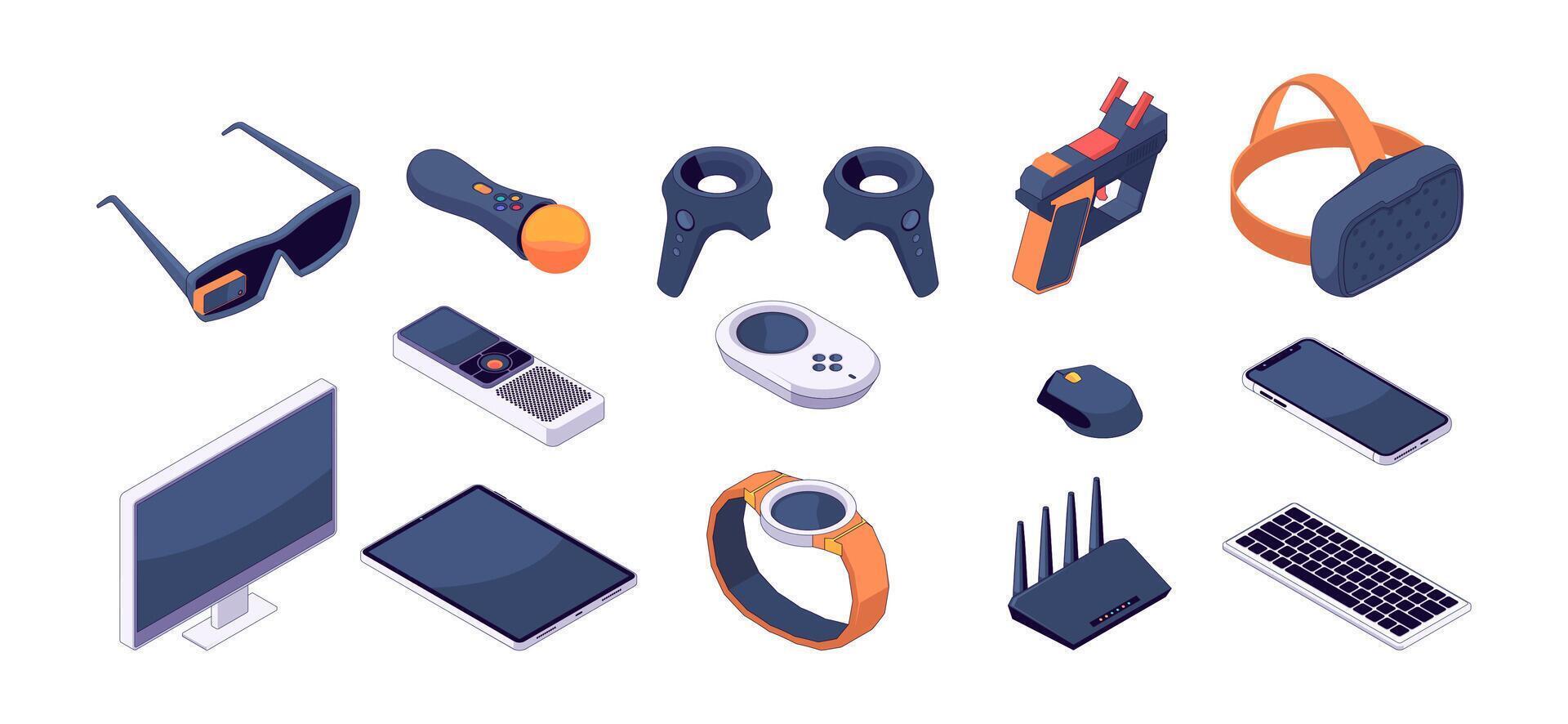 Isometric gaming devices. Joystick and gamepad controllers, VR helmet and AR glasses game accessories. Vector phone tablet and PC isolated set