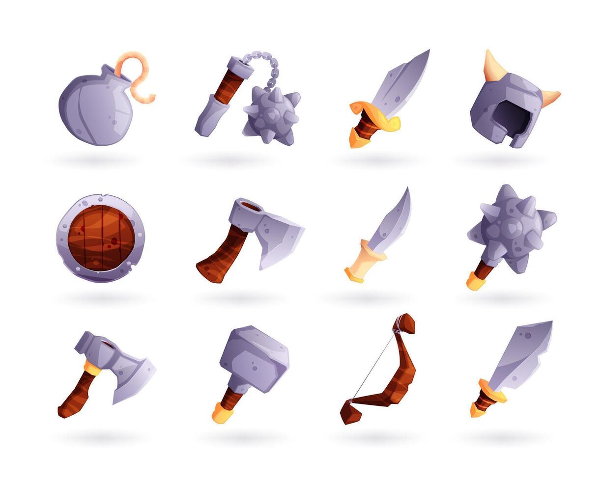 Game medieval weapon. Cartoon military armament and protection arsenal, arrow blade shield knife sword bomb mace icons for strategy gaming. Vector set