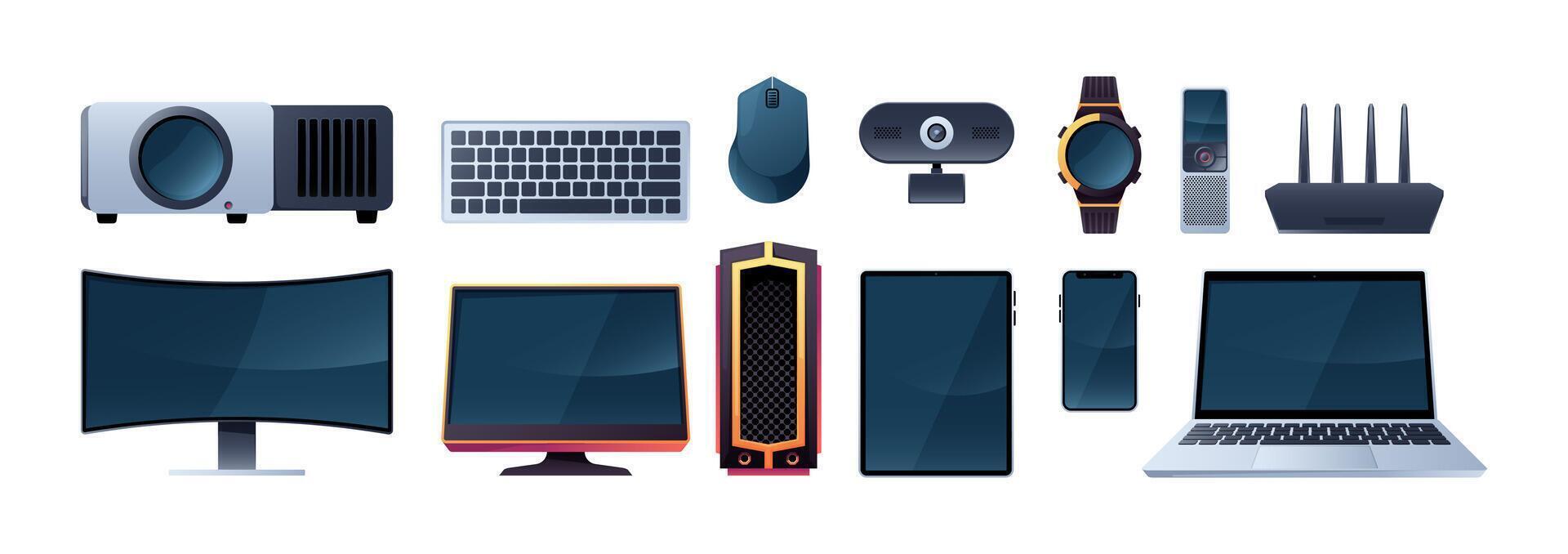Technology gadgets set. Portable wireless appliances, cartoon bundle of electronic devices and computer appliance flat style. Vector isolated collection