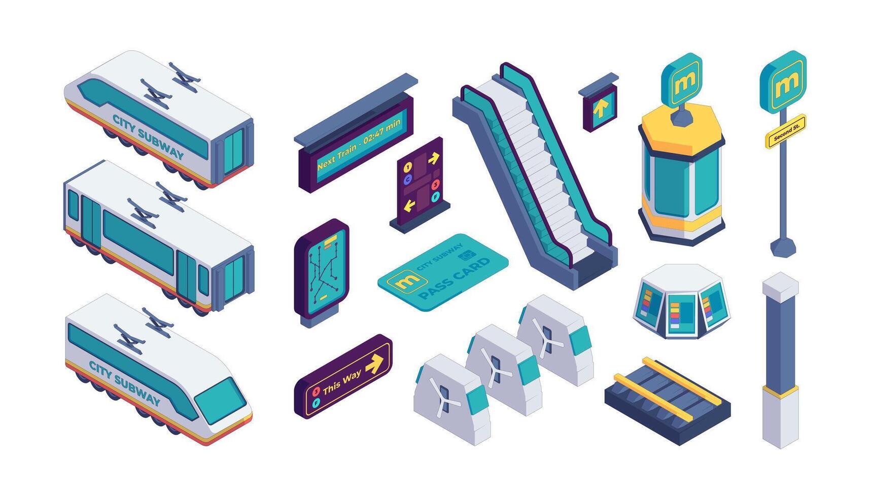 Isometric metro collection. City metro station elements with train tunnel escalator turnstile, urban metropolitan traffic concept. Vector isolated set