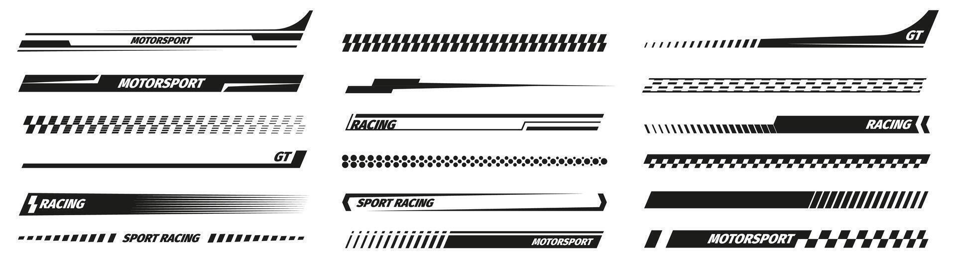 Black racing stripes. Modern race modification mark, elegant futuristic techno decals for bike car and motorcycle. Vector set