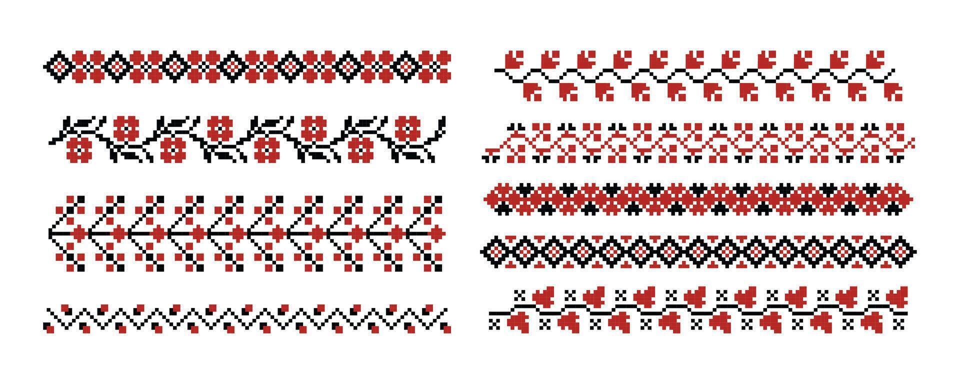 Traditional Ukrainian embroidery. Ukrainian folk border, ethnic slavic retro needlecraft elements, decorative repeat pattern. Vector ornamental set