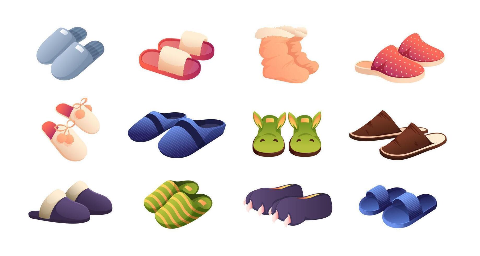 Home shoes. Cartoon flat domestic foot wear, fluffy slipper and cozy shoes, trendy stylish comfort footwear. Vector isolated collection