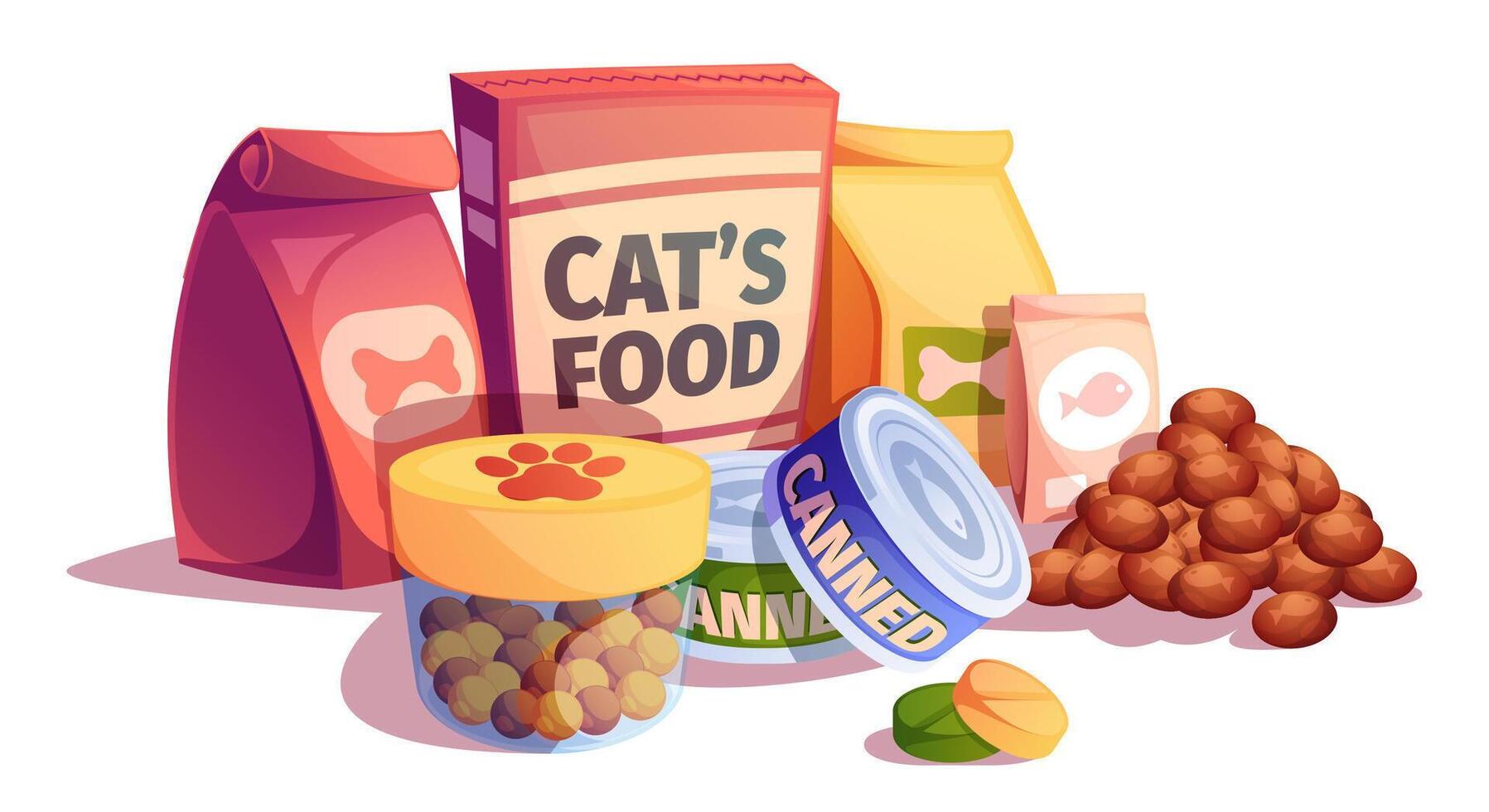 Pet food packs. Nature food for animals, veterinarian supplies with pets, food for animals with paw, pet store with bag with natural products. Vector set