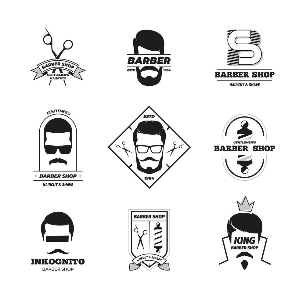 Barbershop logo. Simple mustache and beard icons for male grooming salon label design, hipster barber hairdresser emblem with text. Vector set