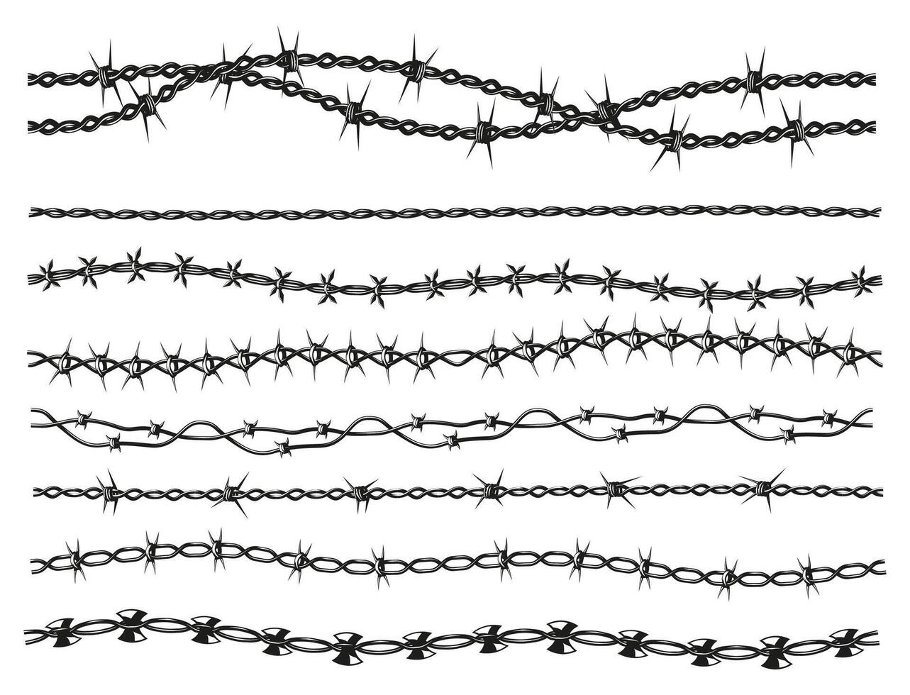 Razor wire collection. Barbed wire military border, dangerous chain of sharp barbed wire, danger warning silhouette for security concept. Vector set