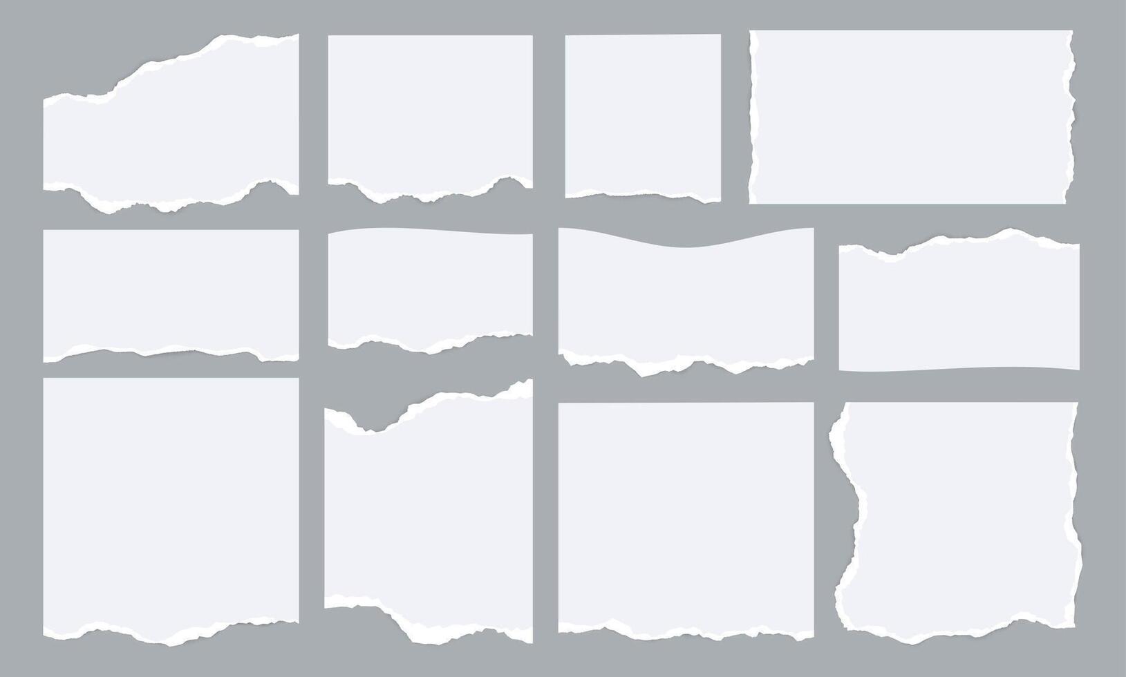 Notebook paper strips. Empty sheet borders with torn edges, torn blank pages with sticky spots for scrapbooking. Vector collection