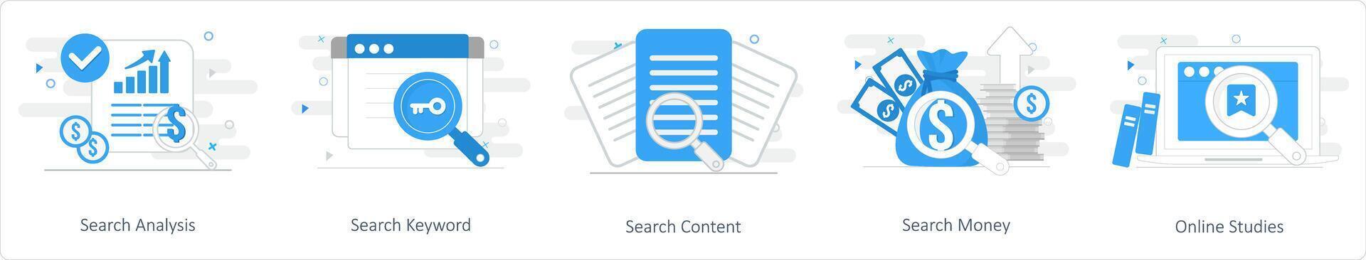 A set of 5 mix icons as search analysis, search keyword, search content vector