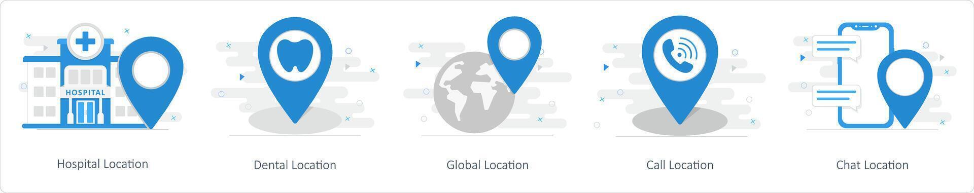 A set of 5 Mix icons as hospital location, dental location, global location vector