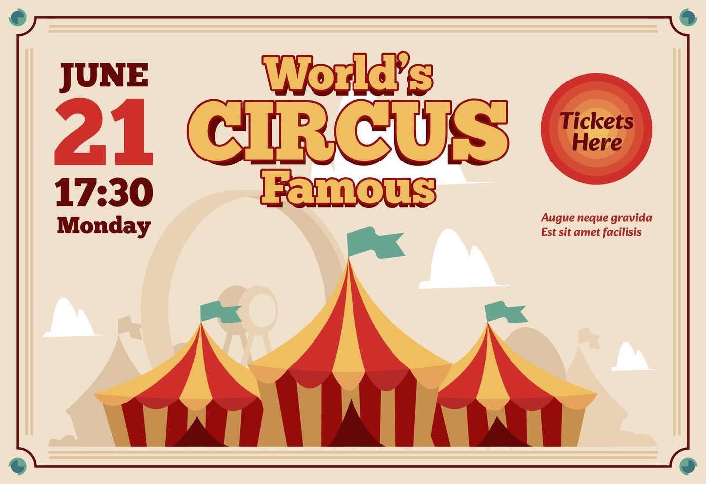 Circus poster. Horizontal banner with circus scene, vintage flyer with circus announcement, holiday theatrical performance. Vector illustration