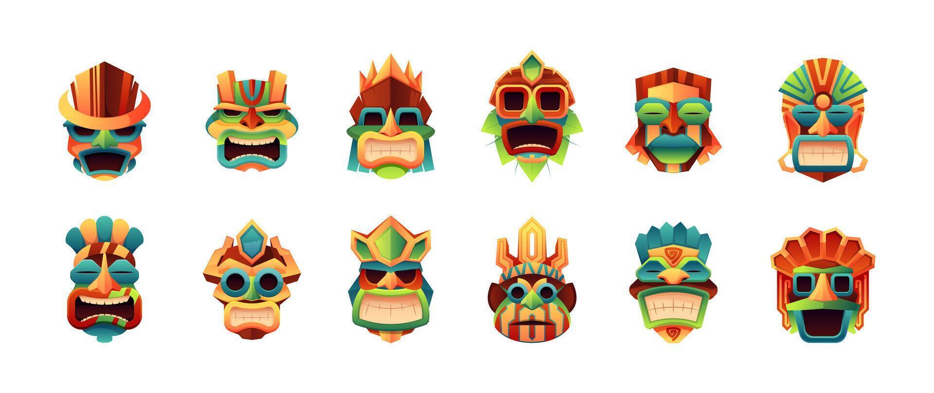 tribal máscaras dibujos animados tiki cabezas y indígena Hawai Polinesia africano ritual cara enmascaramiento, antiguo tradicional tribu tótem ídolos vector aislado conjunto