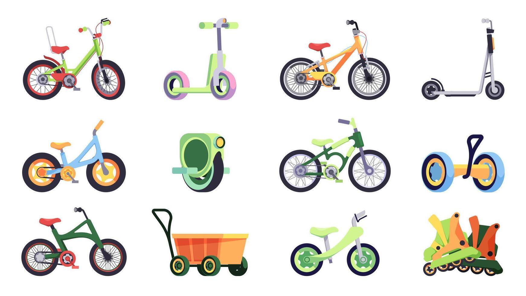 Transport for children. Cartoon kids and teen bicycle scoother, colorful toddlers skate, three wheels bike, rollers. Vector isolated set