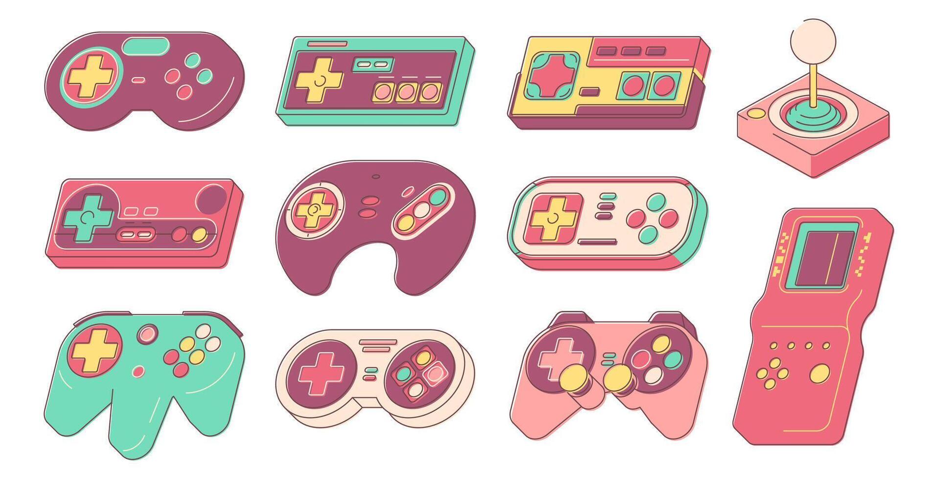 Retro gamepads. Old analog sticks for classic arcade games, 90s portable devices for gamer entertainment. Vector collection