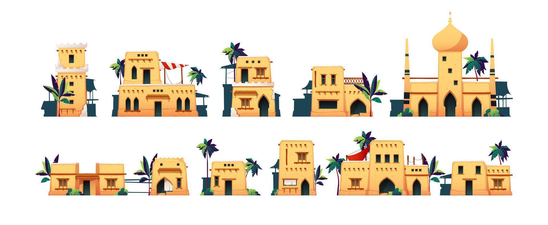 Sand houses. Cartoon old arabic mud brick architecture, traditional middle east residential buildings with palm trees and muslim mosque. Vector flat set