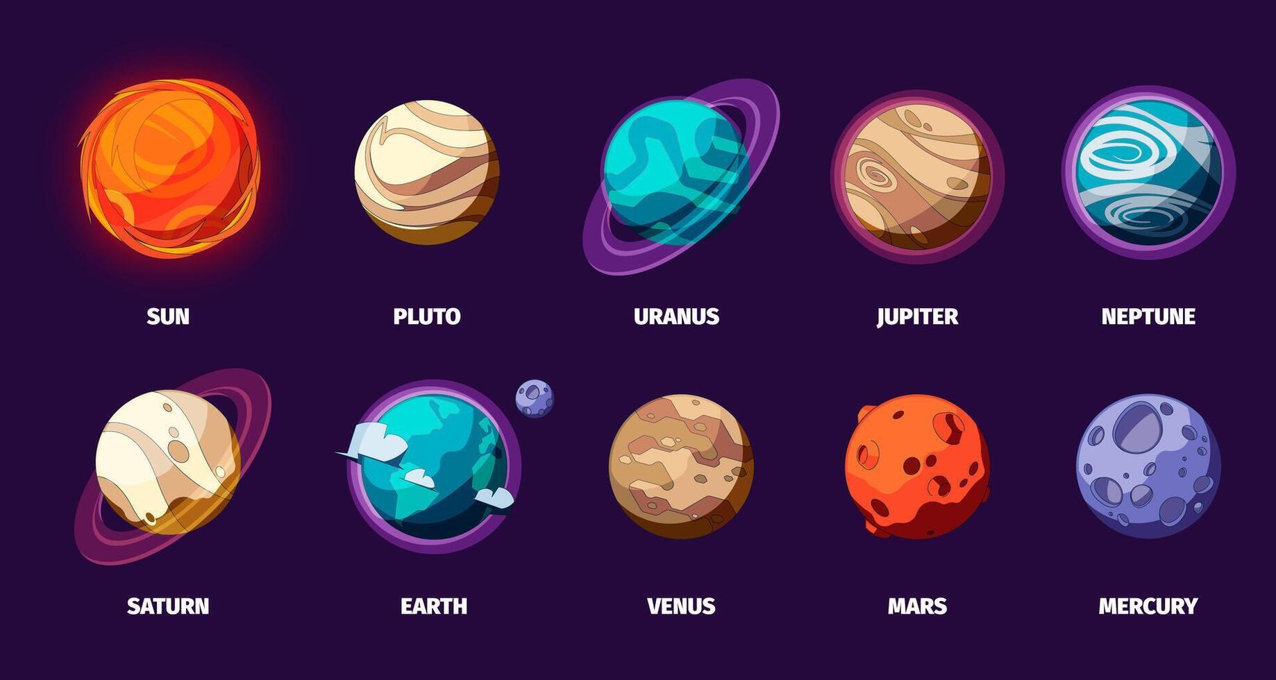 Solar system planets set. Colorful cartoon space planets, Sun Earth Moon Mars Venus Saturn, cosmic universe concept. Vector isolated collection