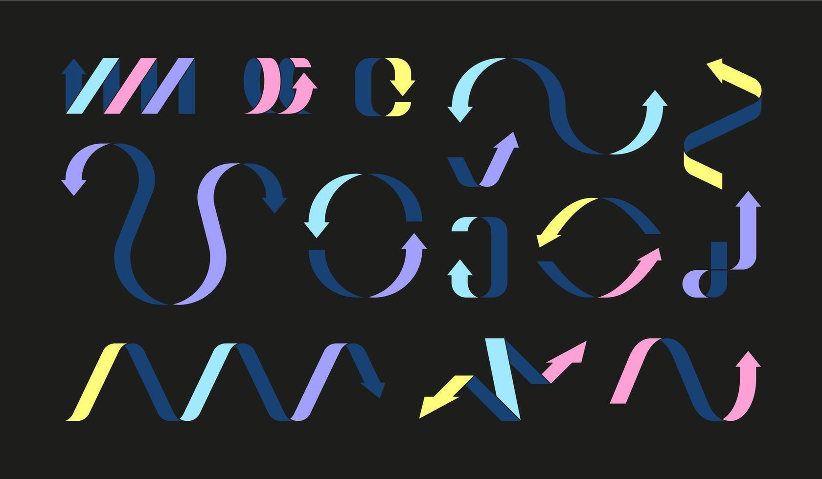 Trendy arrows. Playful curve spiral direction pointers, abstract dynamic quirky elements and minimalist decorative cursor signs. Vector doodle set