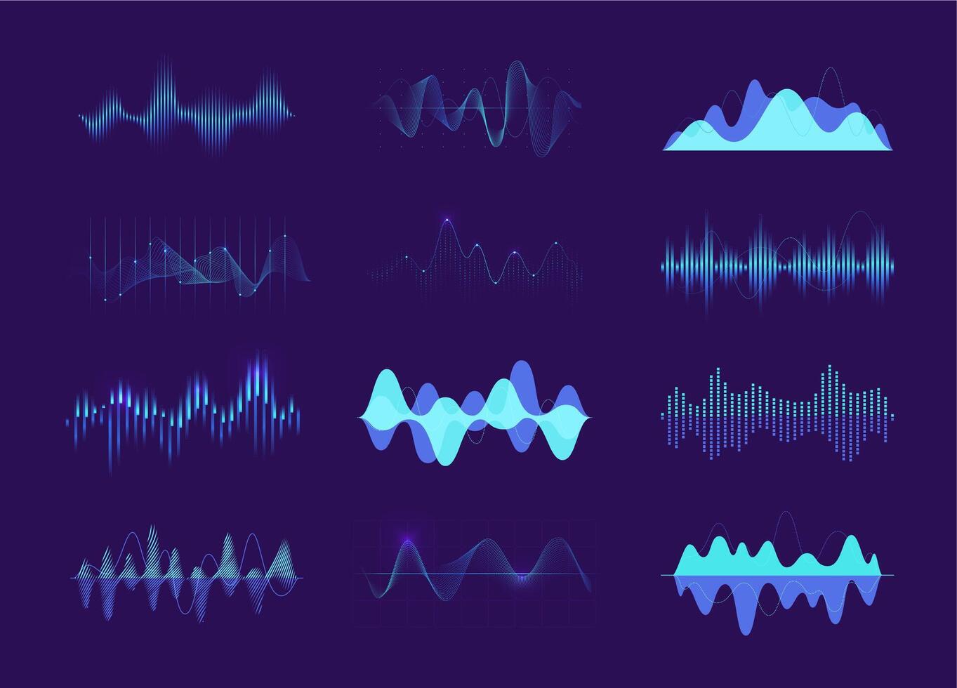 vistoso sonido ondas. música ritmo y melodía curva, audio formas de onda y sonido nivel, música estudio fondo elementos. vector aislado conjunto